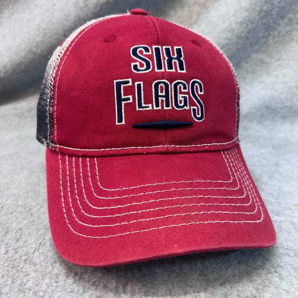 Six Flags Adult Red Trucker Hat Mesh Snapback OSFM